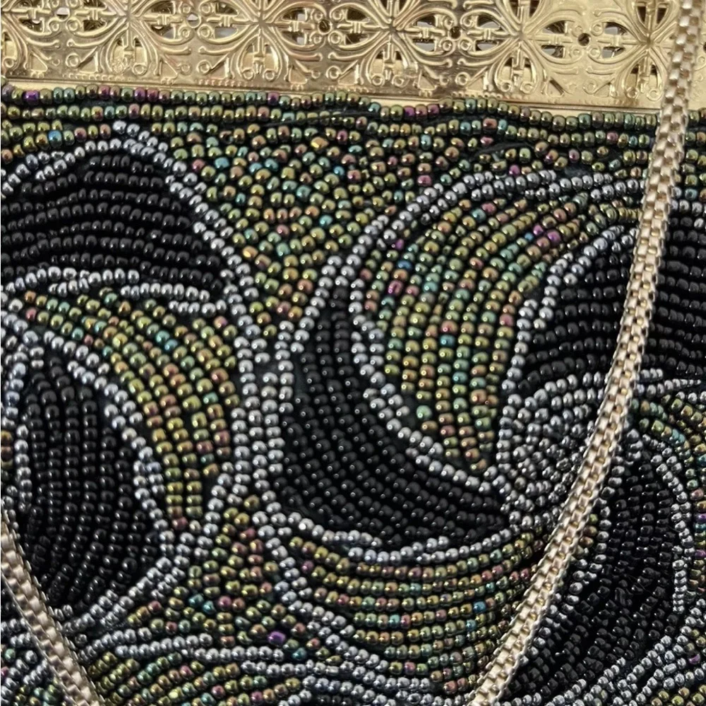 Black Gray Swirl Beaded Purse Evening Bag Clutch Gold Frame Vintage 50s 60s